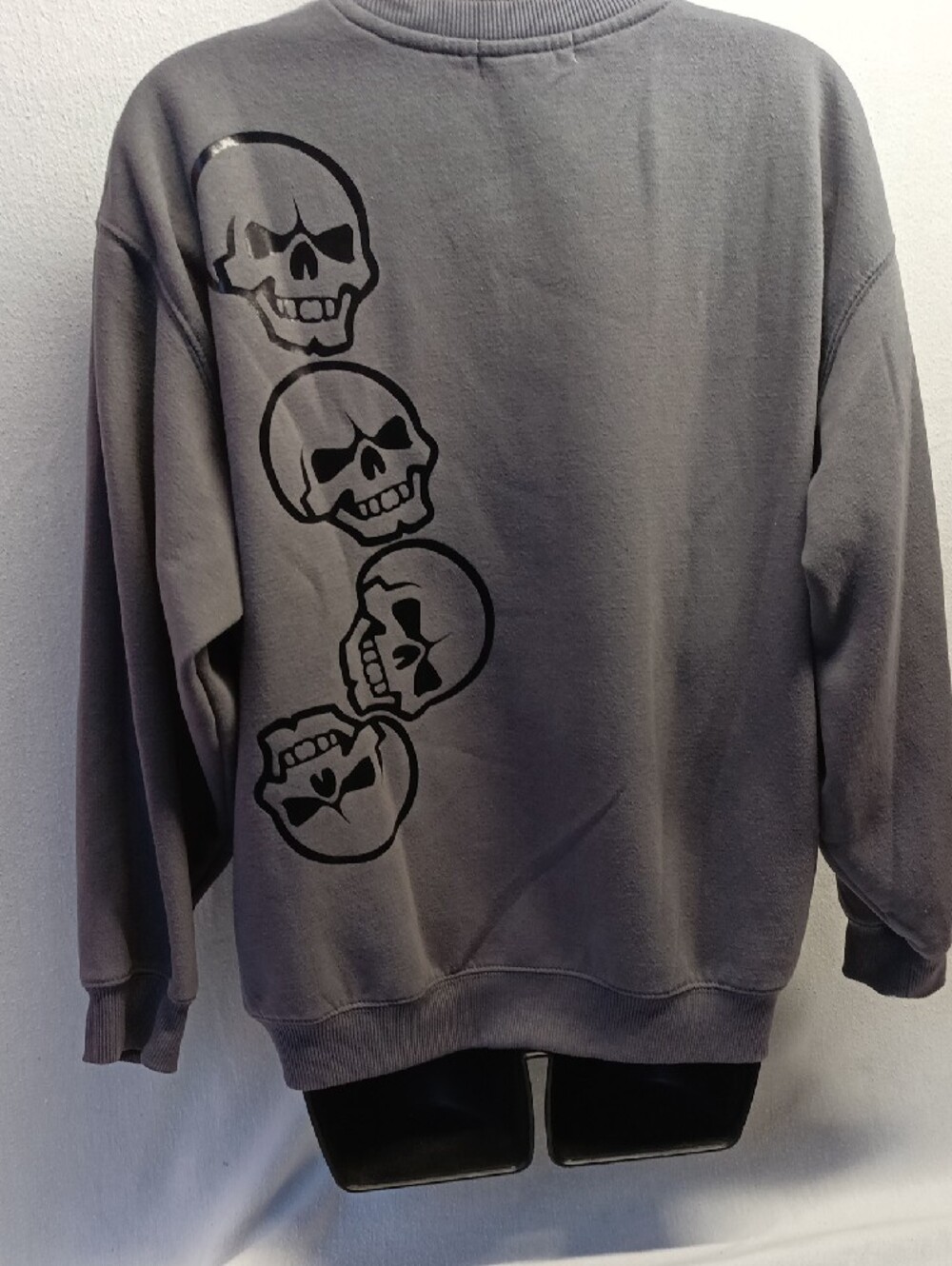Refuge Plush Charcoal Gray Crewneck Sweatshirt Upcycled w Black Skull Graphics